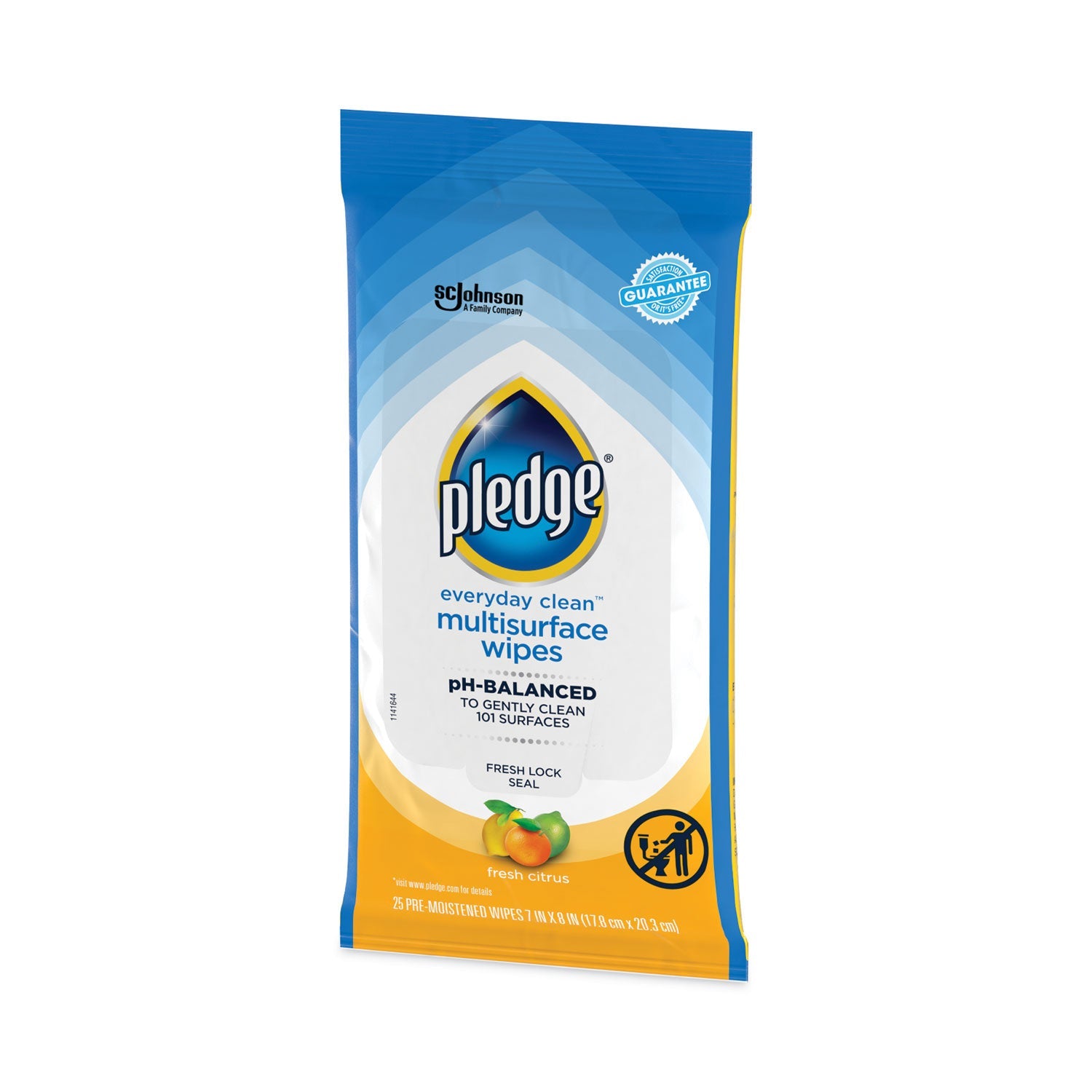 Pledge Multi-Surface Cleaner Wet Wipes, Cloth, 7 x 10, Fresh Citrus, 25/Pack, 12/Carton