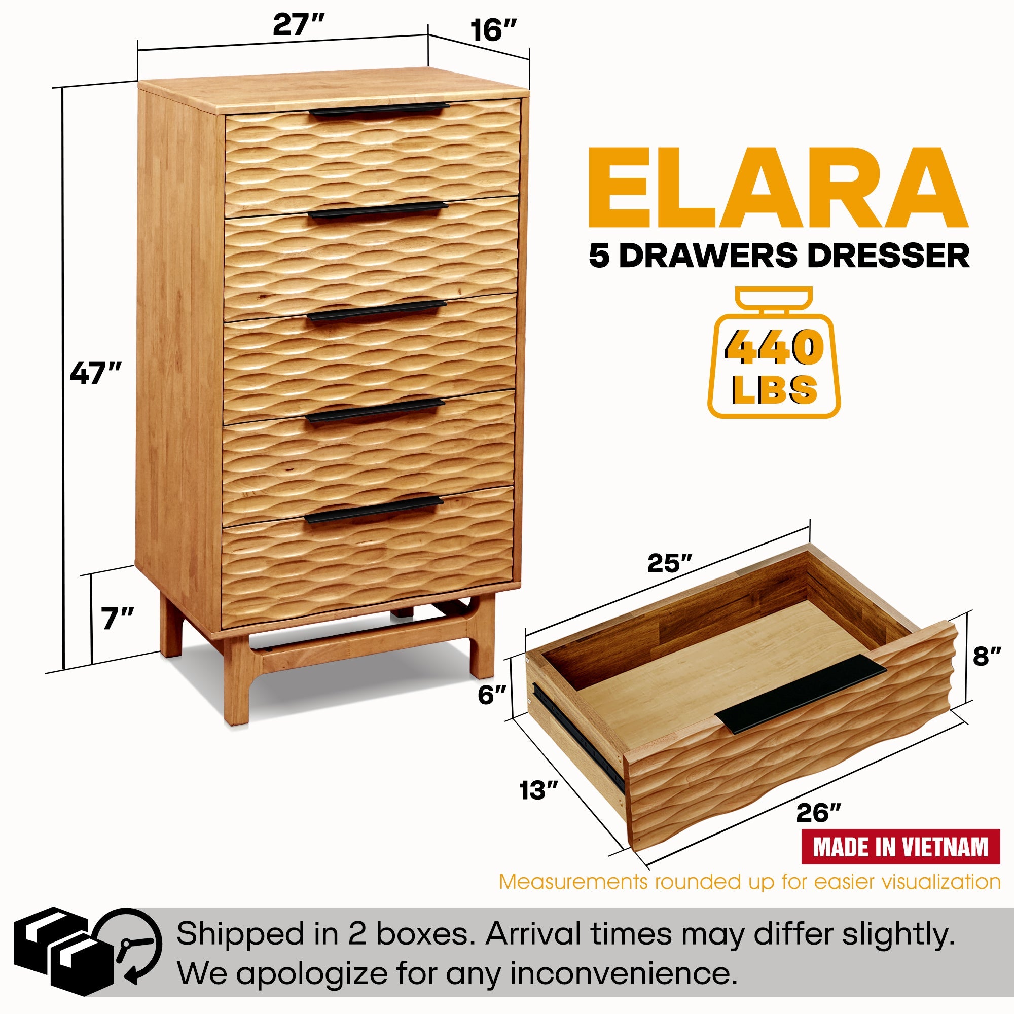 Elara Solid Wood Dresser with 5 Drawers