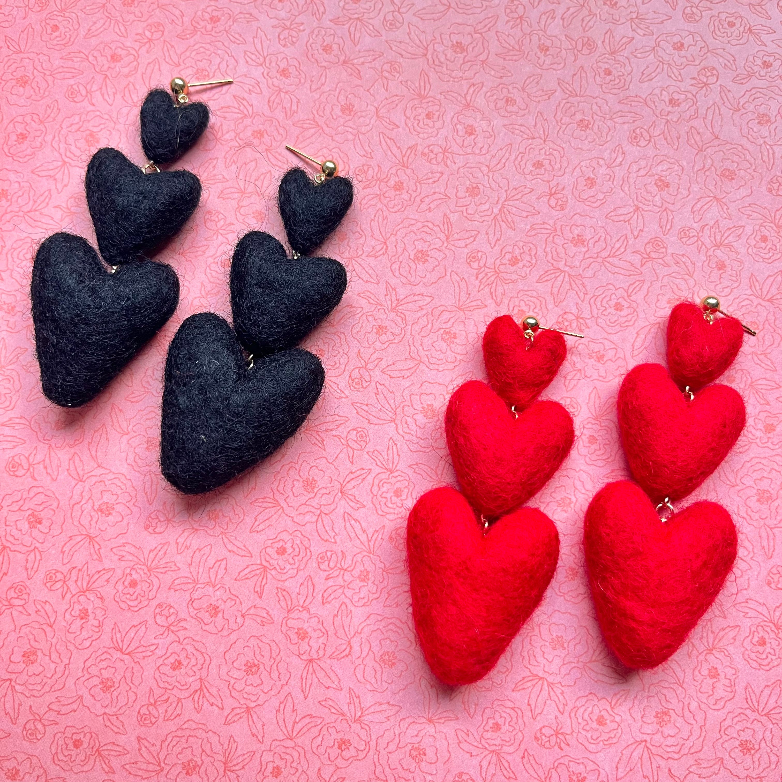 Three Tiered Heart Felt Dangle Earrings