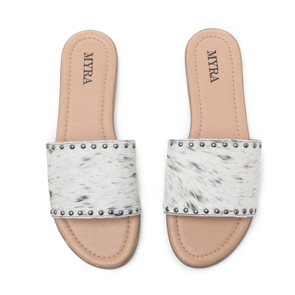 Myra Lettie Ridge Dark Hair-On Leather Flip Flops for Women - Western Slide Sandals with Soft Sole for Casual Comfort