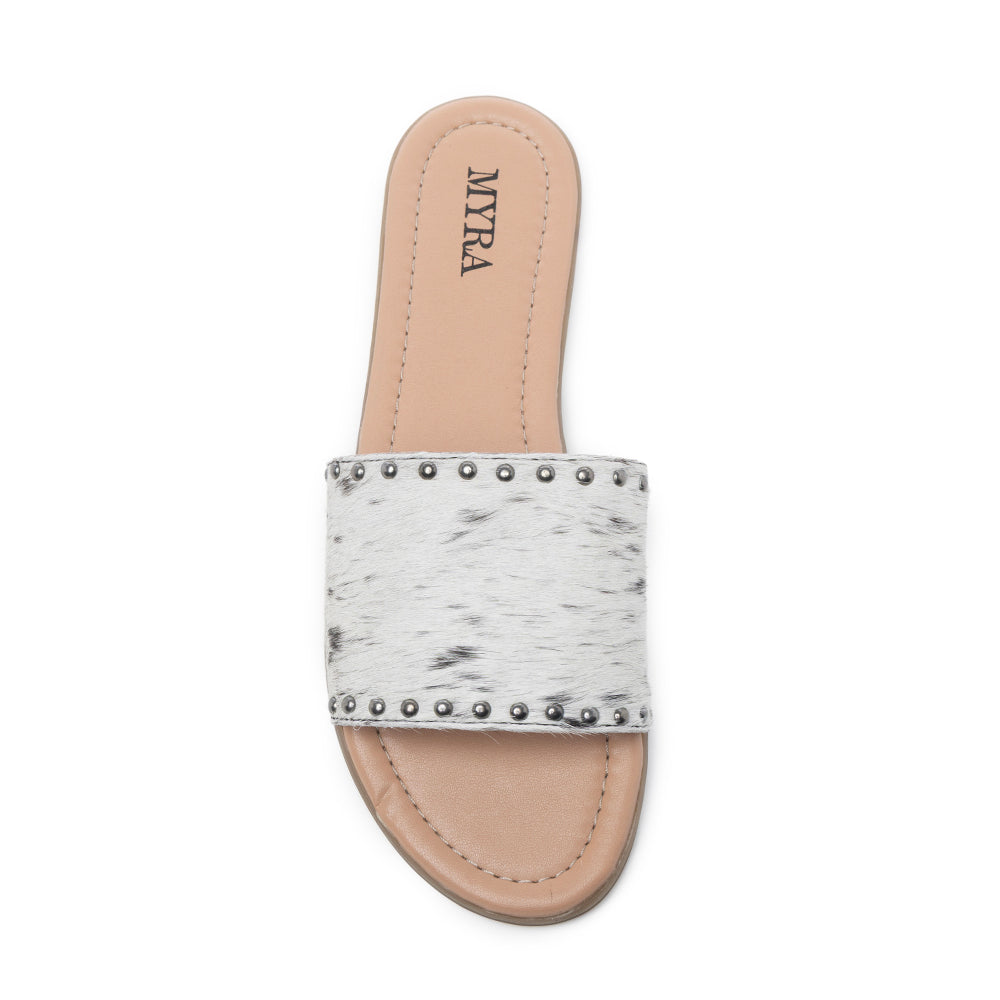 Myra Lettie Ridge Dark Hair-On Leather Flip Flops for Women - Western Slide Sandals with Soft Sole for Casual Comfort