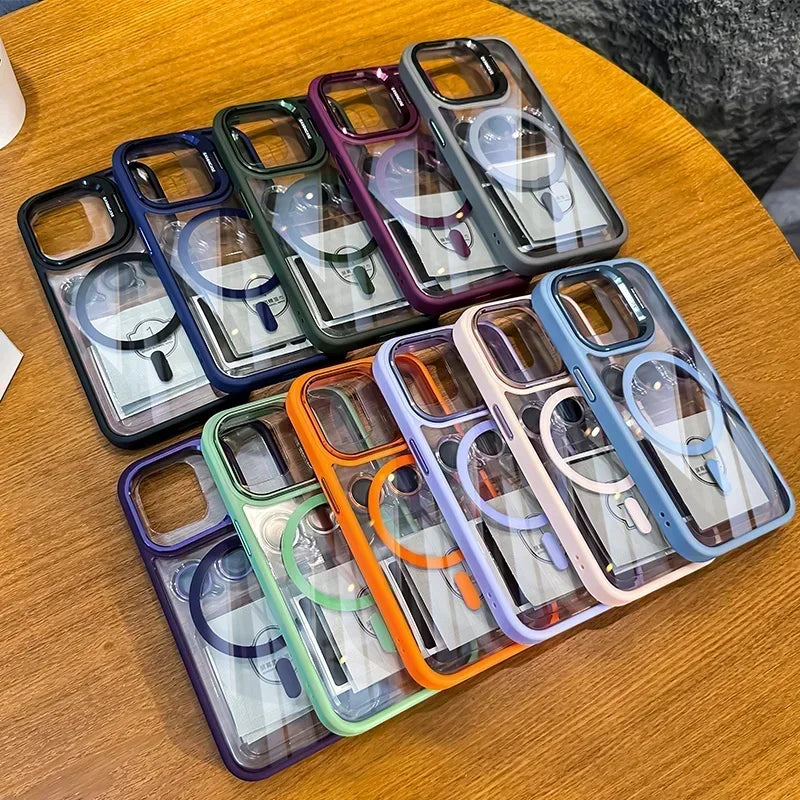 Luxury Magnetic Shockproof Phone Case For iPhone 16 17 15 14 13 12 11 Pro Max Funda For Magsafe Stand Glass Lens Protector Cover