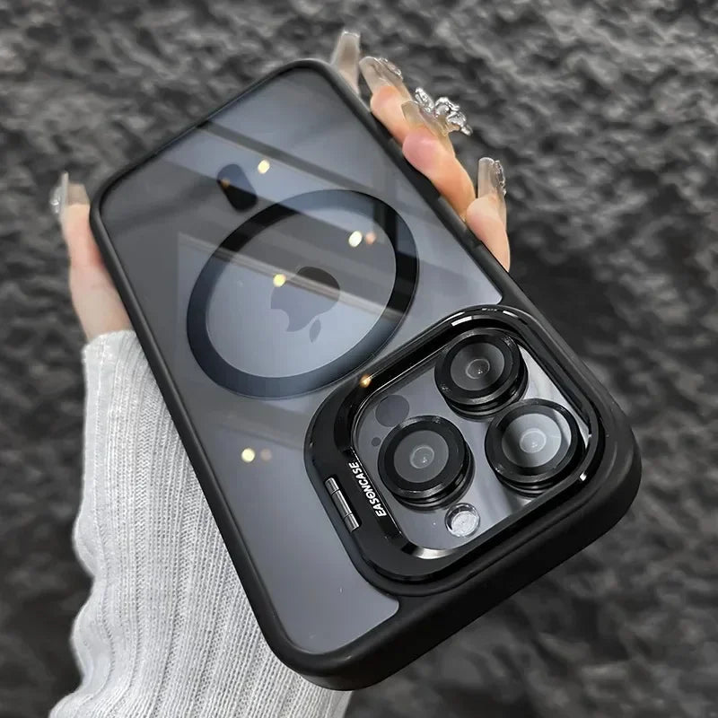 Luxury Magnetic Shockproof Phone Case For iPhone 16 17 15 14 13 12 11 Pro Max Funda For Magsafe Stand Glass Lens Protector Cover