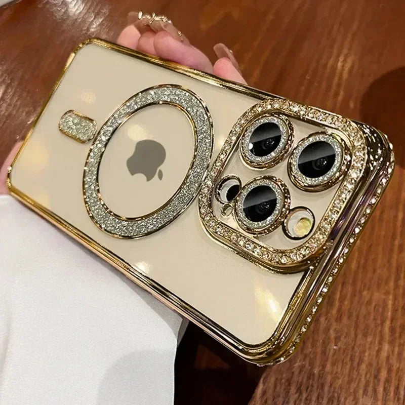Fashion Girl Pink Crystal Glitter Transparent Magnetic Case For iPhone 16 15 11 12 13 14 Pro Max Wireless Charging Diamond Cover