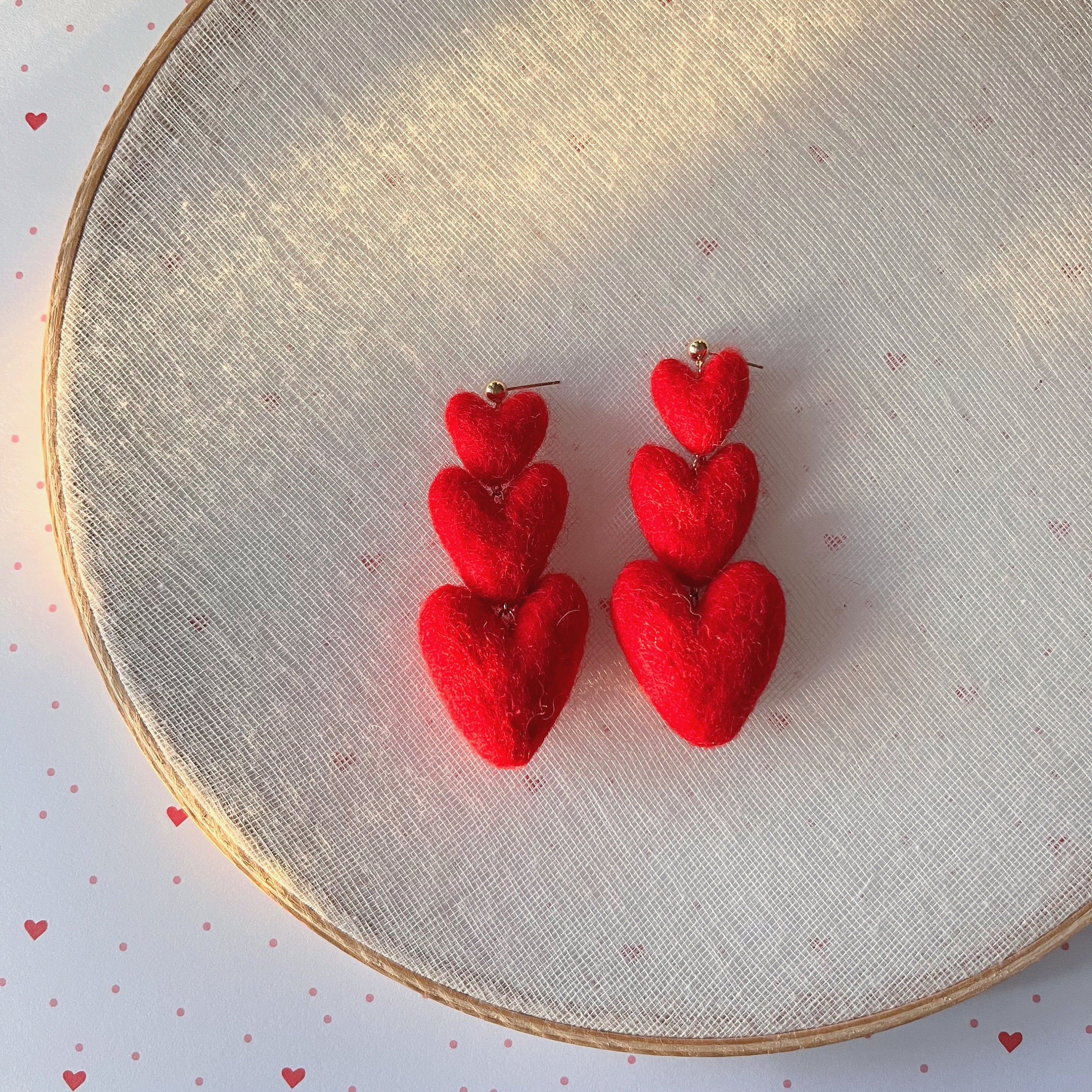 Three Tiered Heart Felt Dangle Earrings